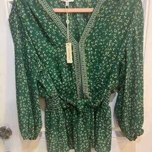 NWT Max Studio Tie Front Green Floral Blouse